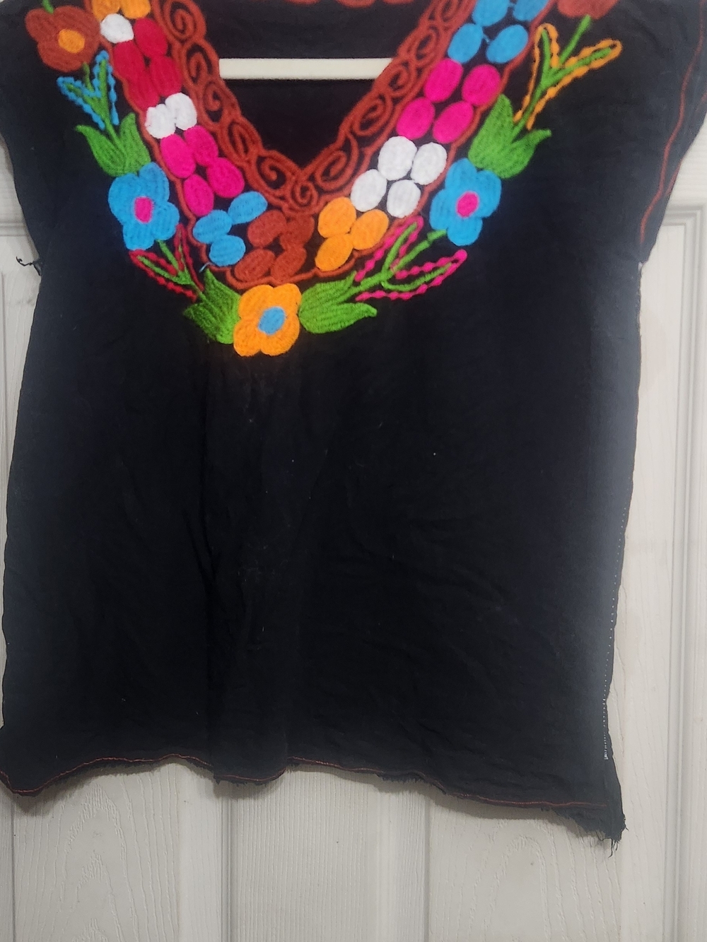 Black Embroidered Floral V-Neck Women’s Top